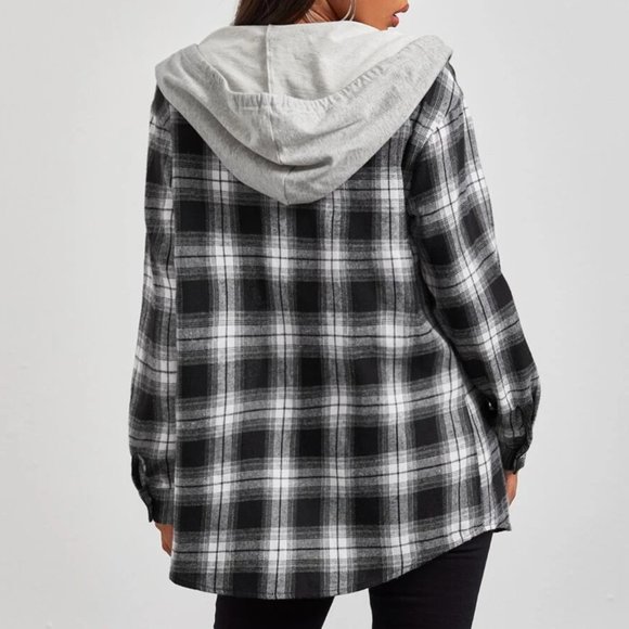 Grey & Black Hooded Plaid Button Up - Picture 2 of 6